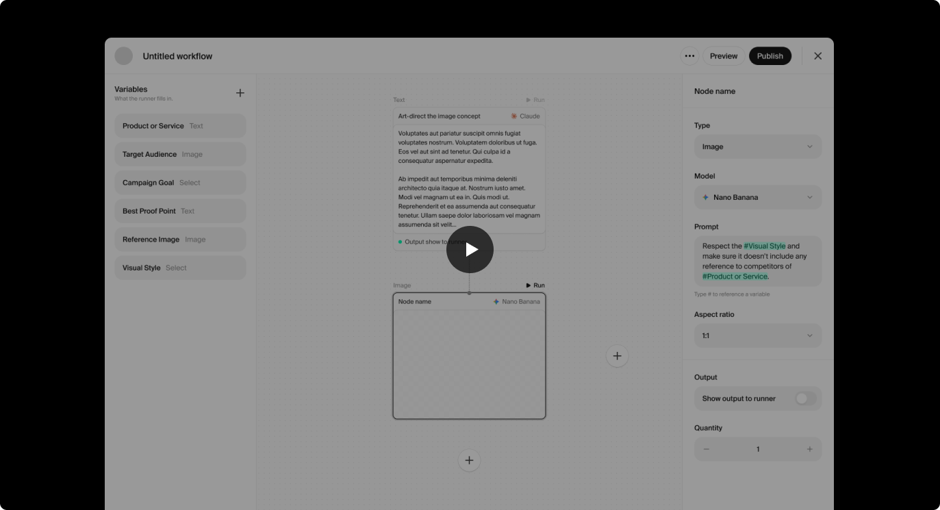 Runbase workflow builder with variables, canvas nodes and a node settings panel