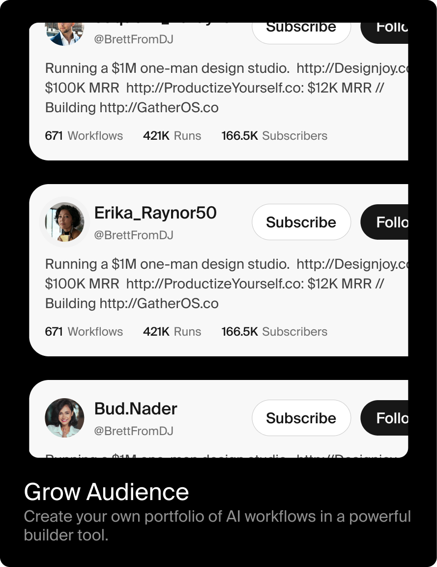 Grow Audience — creator cards with subscribe and follow actions